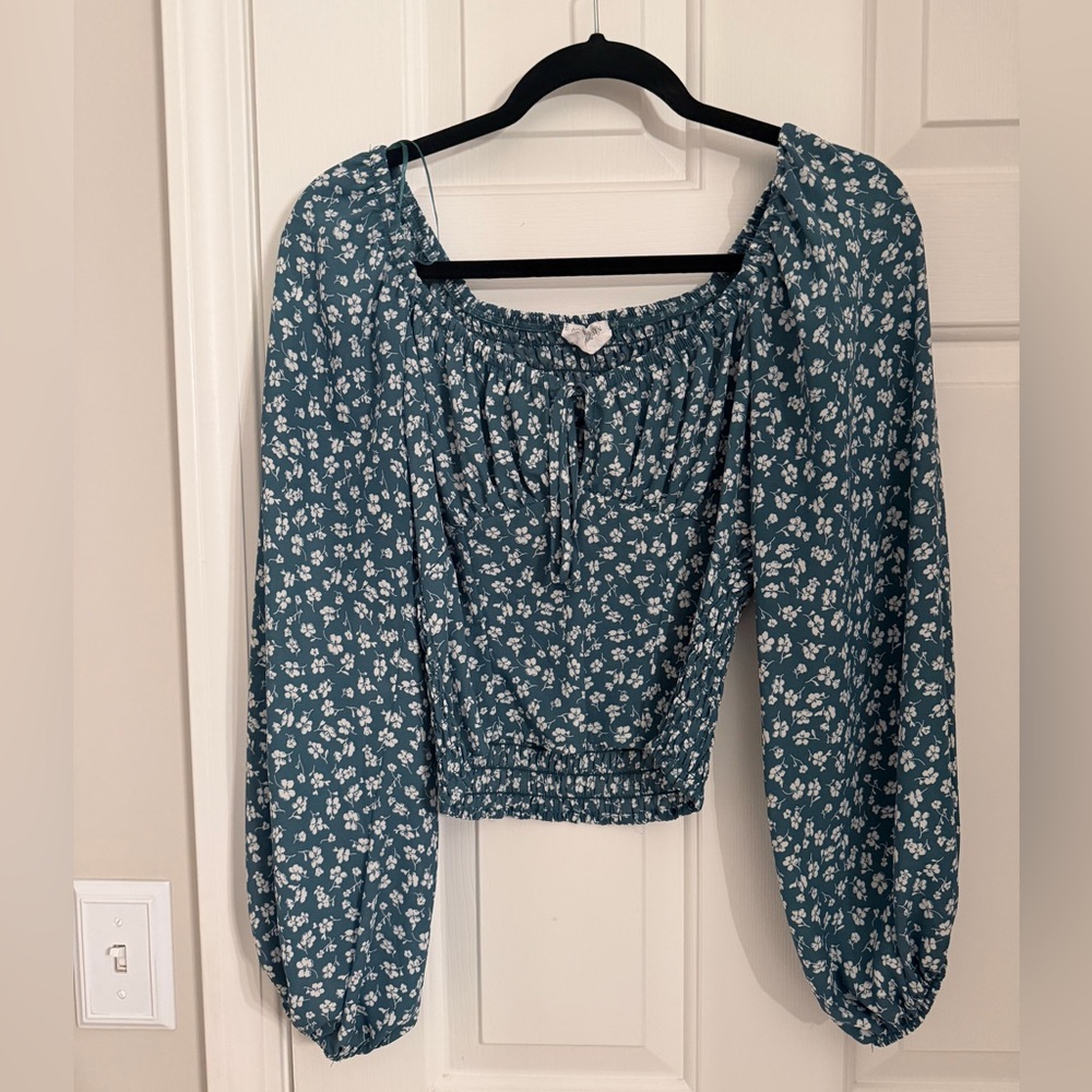 Women’s Floral Peasant Top - Teal Blue